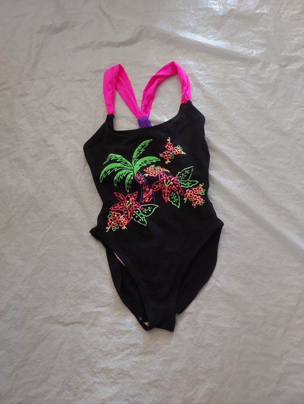 Gitano Black One-Piece Swimsuit with Neon Pink Straps and Tropical Print
